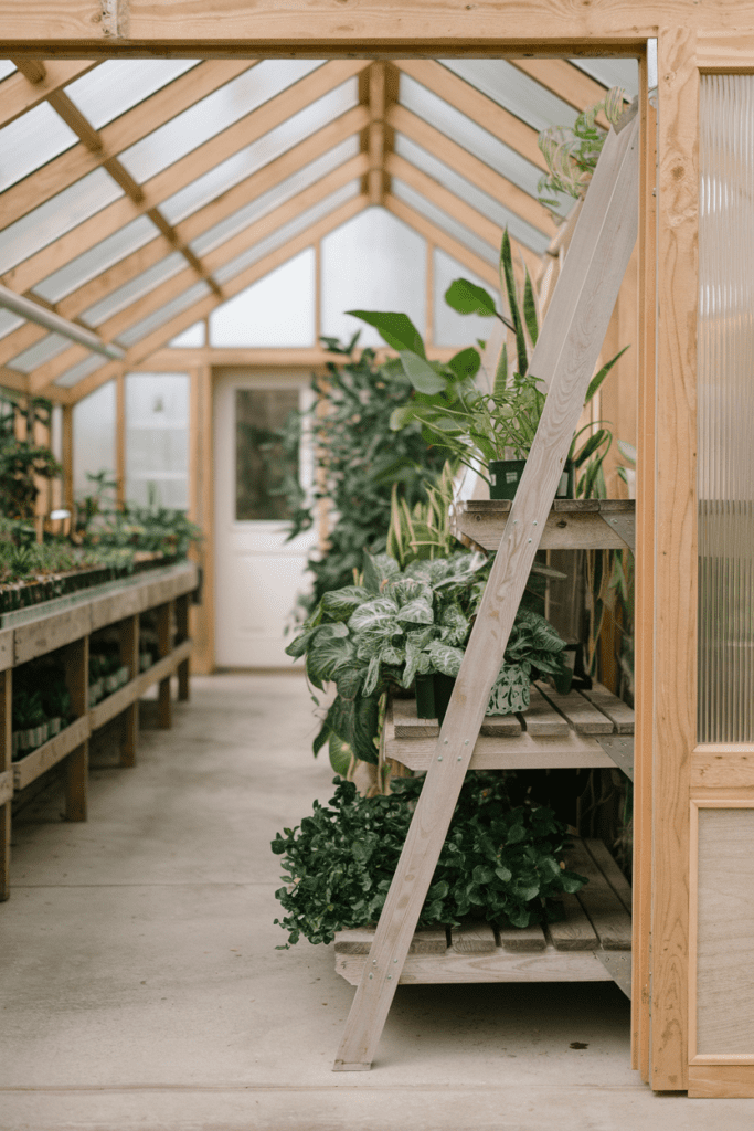 Greenhouse Interior Ideas: Rustic Wooden Shelves for Plant Display