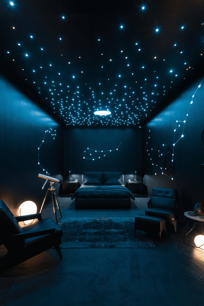 Black Room Ideas: Midnight Galaxy Ceiling with Starry Lights