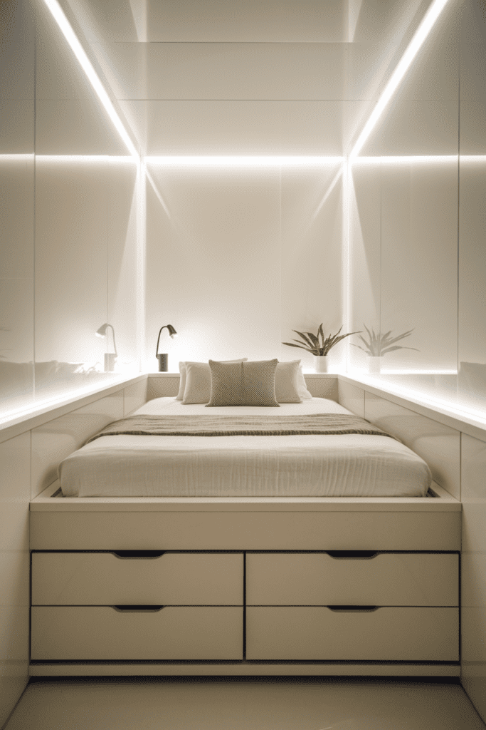 Tiny Bedroom Ideas: Floating Bed with Underneath Storage