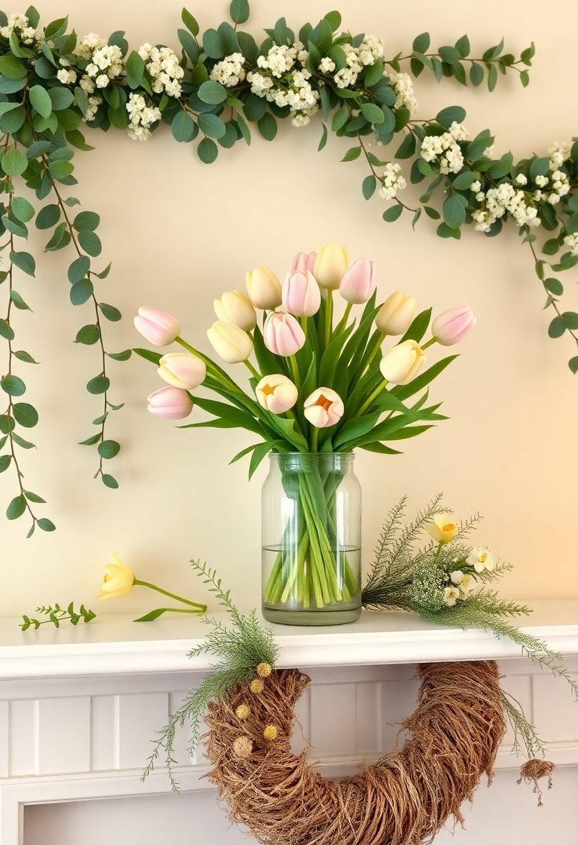 Spring Mantel Decorating Ideas: Spring Florals and Greenery