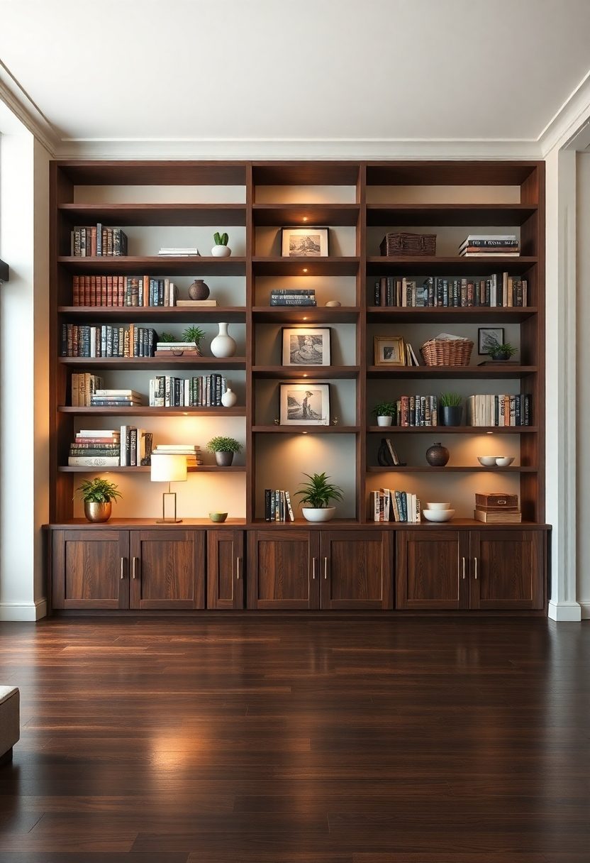 Wall Bookshelf Living Room Ideas: Modern Full Wall Bookshelf With Hidden Storage