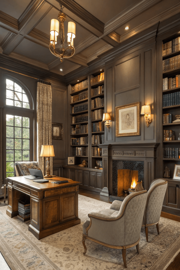 Benjamin Moore Cinnamon Slate Ideas: 1. Luxe Library Retreat with Cinnamon Slate Elegance