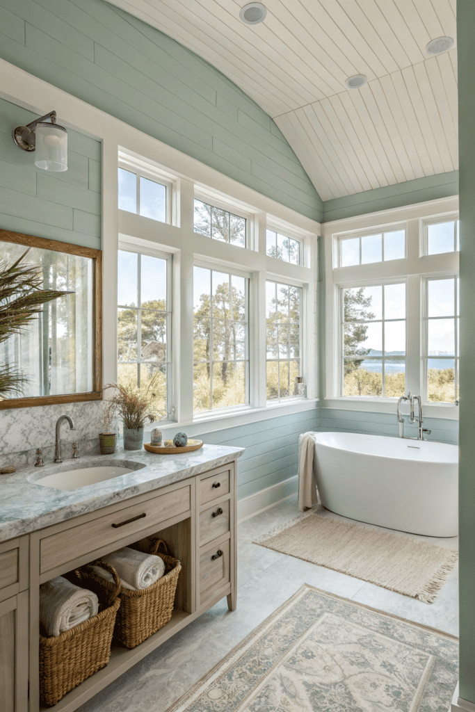 Benjamin Moore Sea Salt Ideas: 1. Soft Coastal Bathroom Retreat