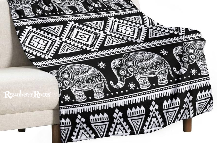 Elephant and Tribal Motifs Throw Blanket