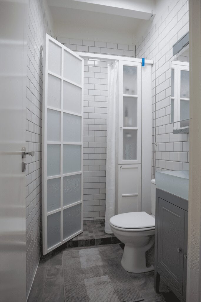 15+ Small Bathroom Interior Ideas - Transform Tiny Spaces Now! 15 Add a Pocket Door for Space-Saving Access Small Bathroom Interior Ideas
