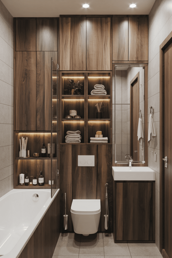 Install Vertical Storage Units and Shelves Small Bathroom Interior Ideas