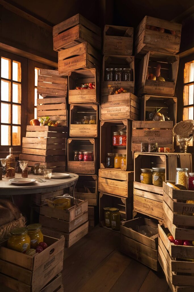 Food Storage Room Ideas: Rustic Wooden Crates for Vintage Charm