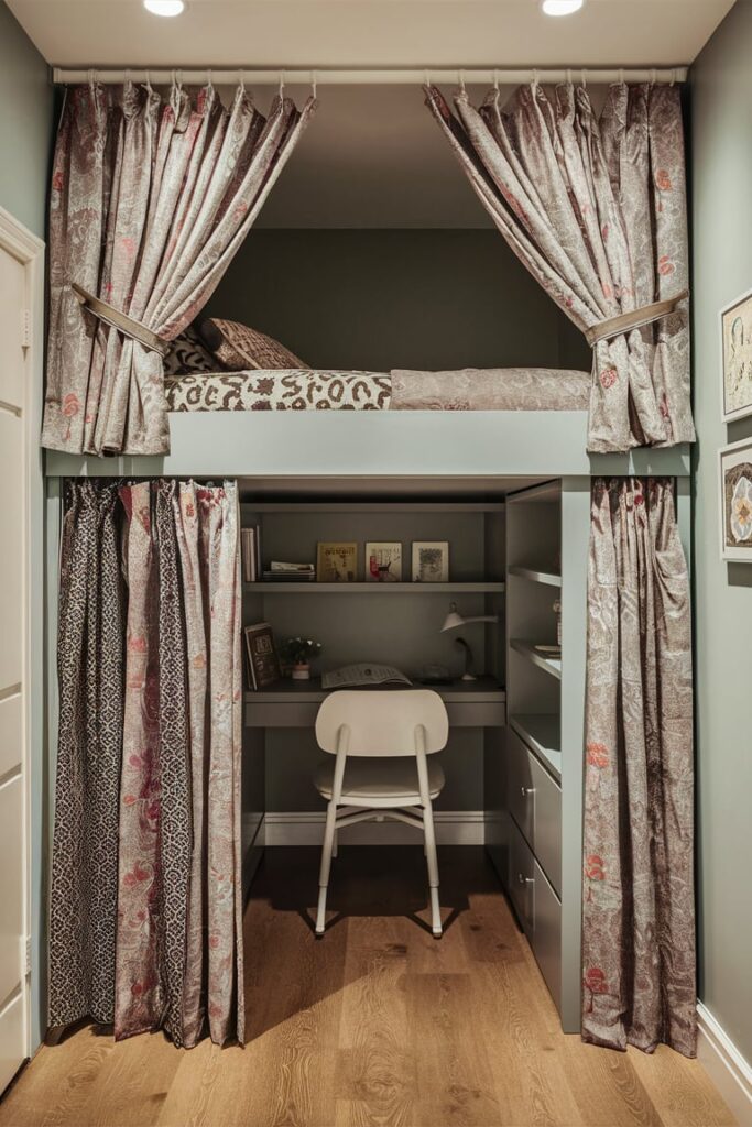 Loft Bed Ideas for Small Rooms Ideas: Loft Bed with Curtain Privacy