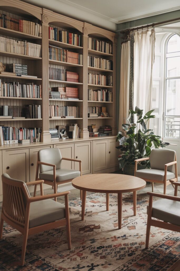 Cozy library Room Ideas: Scandinavian Retreat with Light Wood and Soft Hues