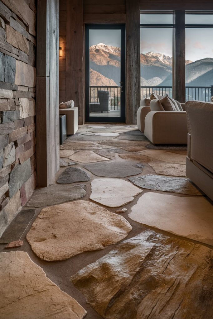 Mountain Modern Home Interior Ideas: Textured Stone Flooring for Organic Appeal