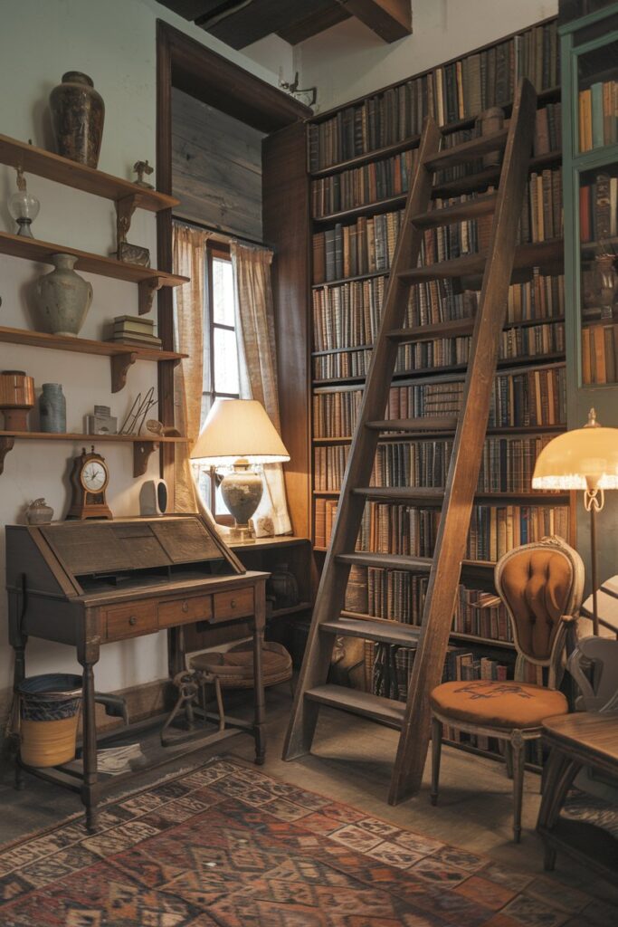 Cozy library Room Ideas: Vintage Charm with Antique Furniture and Accessories