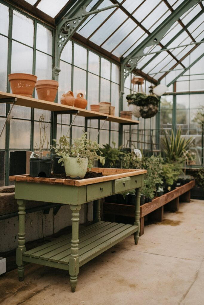 Greenhouse Interior Ideas: Vintage Potting Table for Classic Charm