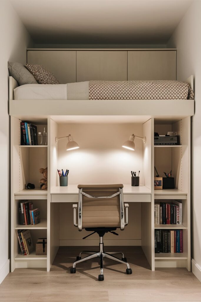 Loft Bed Ideas for Small Rooms Ideas: Loft Bed with Built-in Desk and Shelves