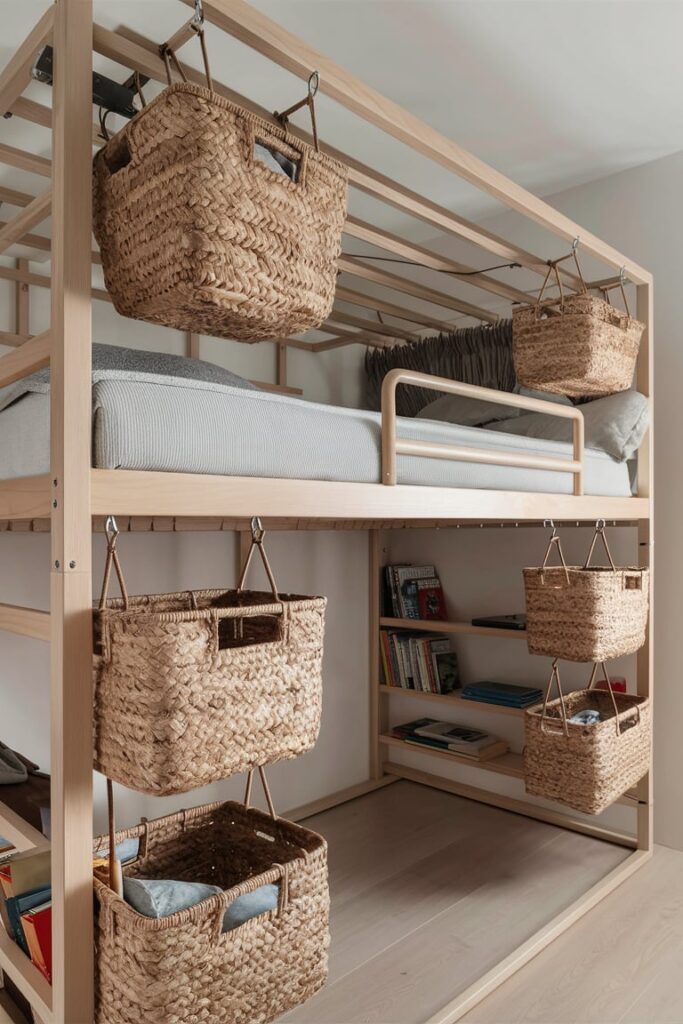 Loft Bed Ideas for Small Rooms Ideas: Loft Bed with Hanging Storage Baskets