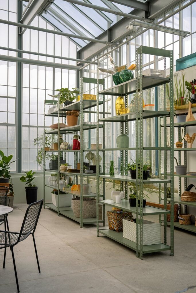 Greenhouse Interior Ideas: Modern Metal Shelving Units for Organization