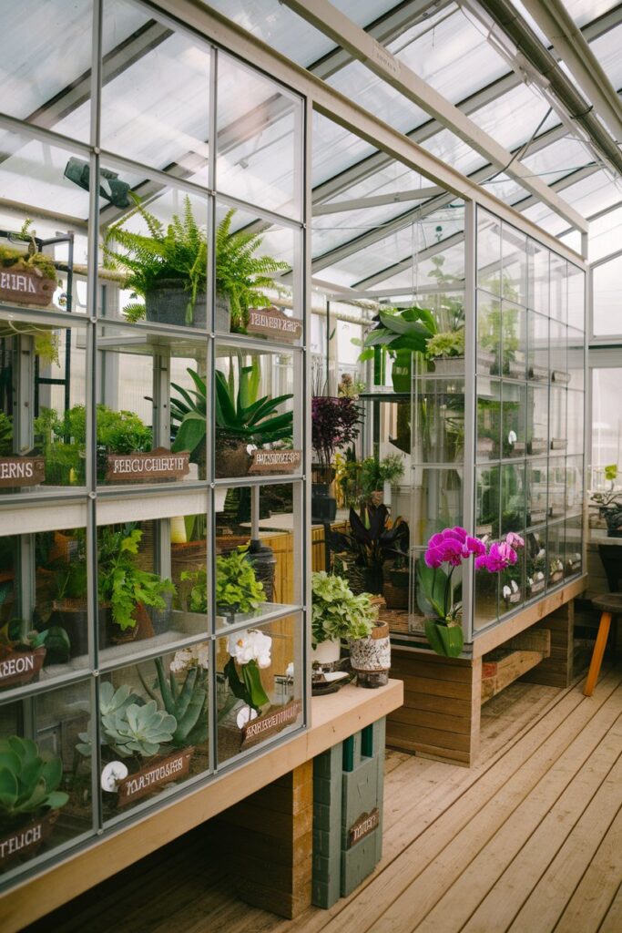 Greenhouse Interior Ideas: Glass Dividers for Sectioned Plant Arrangements