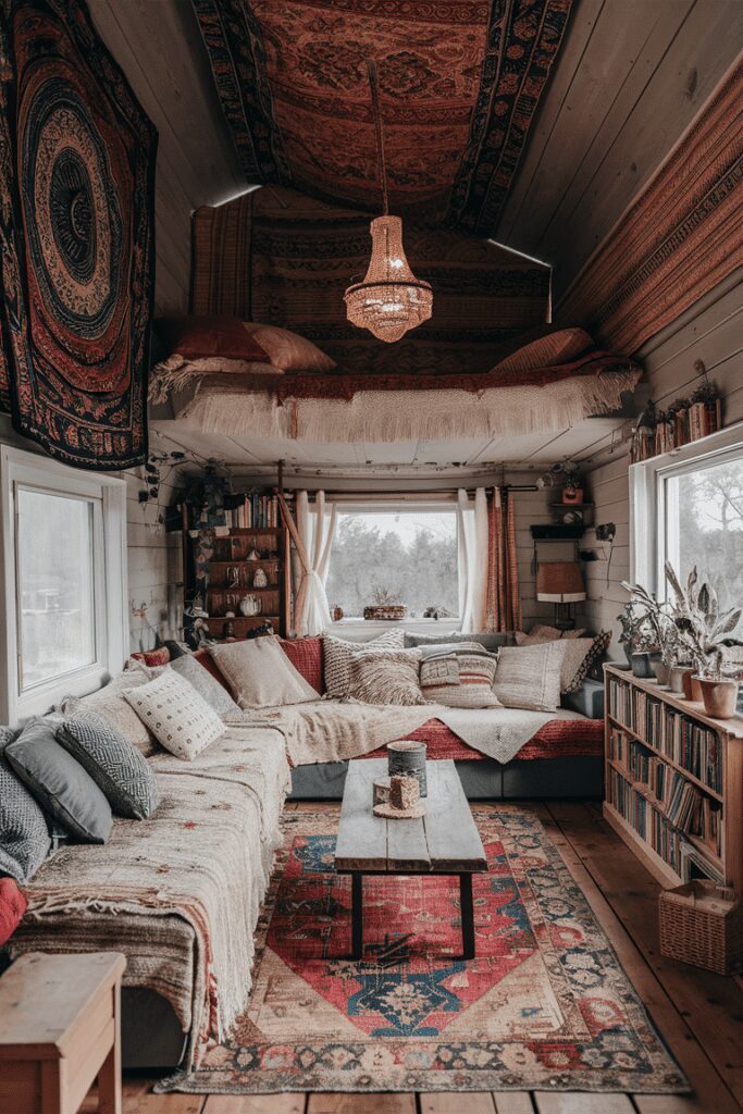 30+ Tiny Cabins Interior Ideas | Beautiful, Compact Living 5 Cozy Bohemian with Layered Textiles Tiny Cabins Interior Ideas