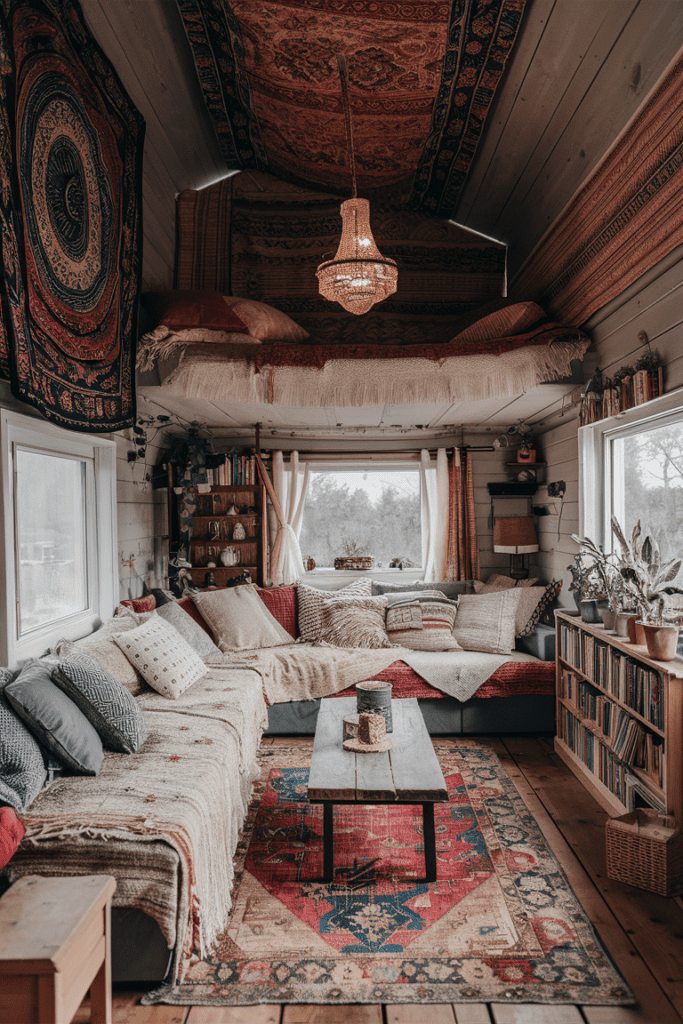 Cozy Bohemian with Layered Textiles Tiny Cabins Interior Ideas