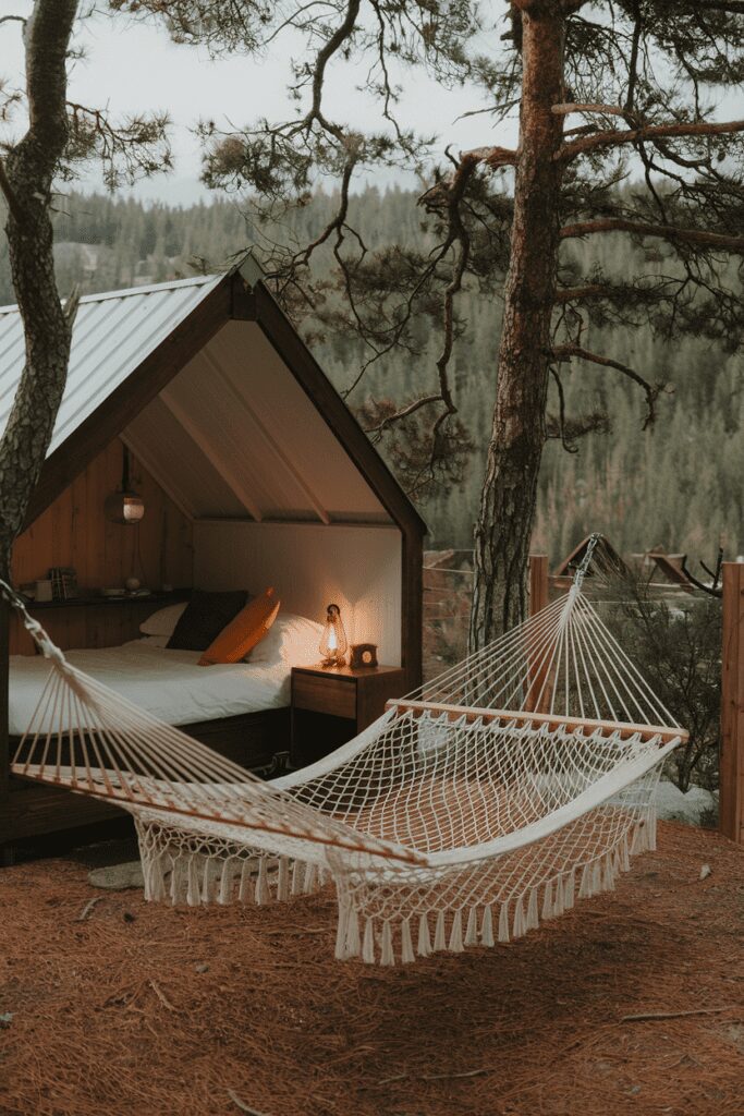 30+ Tiny Cabins Interior Ideas | Beautiful, Compact Living 32 Cabin with Hammock Lounging Area Tiny Cabins Interior Ideas