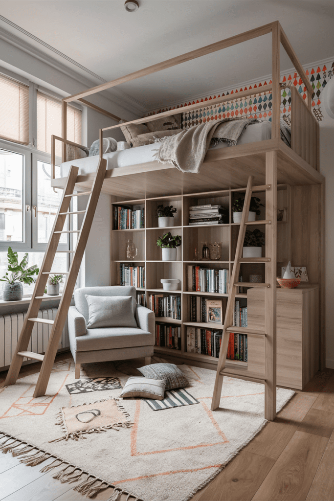 Loft Bed Ideas for Small Rooms Ideas: 6. Loft Bed with Futon Sofa