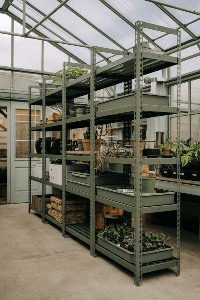 Greenhouse Interior Ideas: Modern Metal Shelving Units for Organization