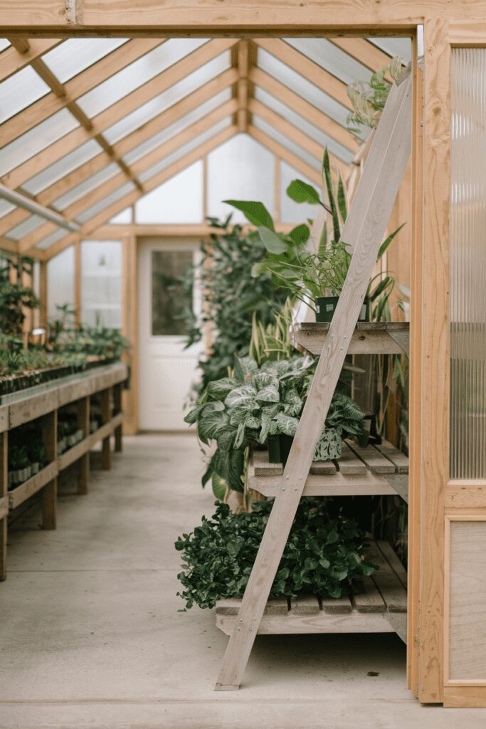 20+ Greenhouse Interior Ideas | Refreshing Designs & Concept 1 Greenhouse Interior Ideas: Rustic Wooden Shelves for Plant Display