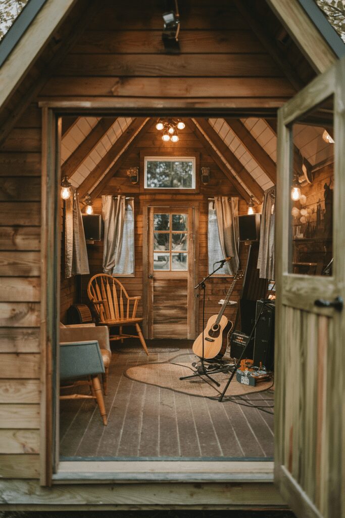 30+ Tiny Cabins Interior Ideas | Beautiful, Compact Living 26 Tiny Cabins Interior Ideas: Cabin Theater with Entertainment Focus