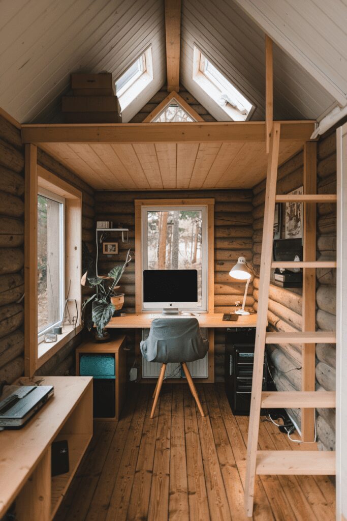 30+ Tiny Cabins Interior Ideas | Beautiful, Compact Living 31 Tiny Cabins Interior Ideas: Cabin Workspace with Remote Office Setup