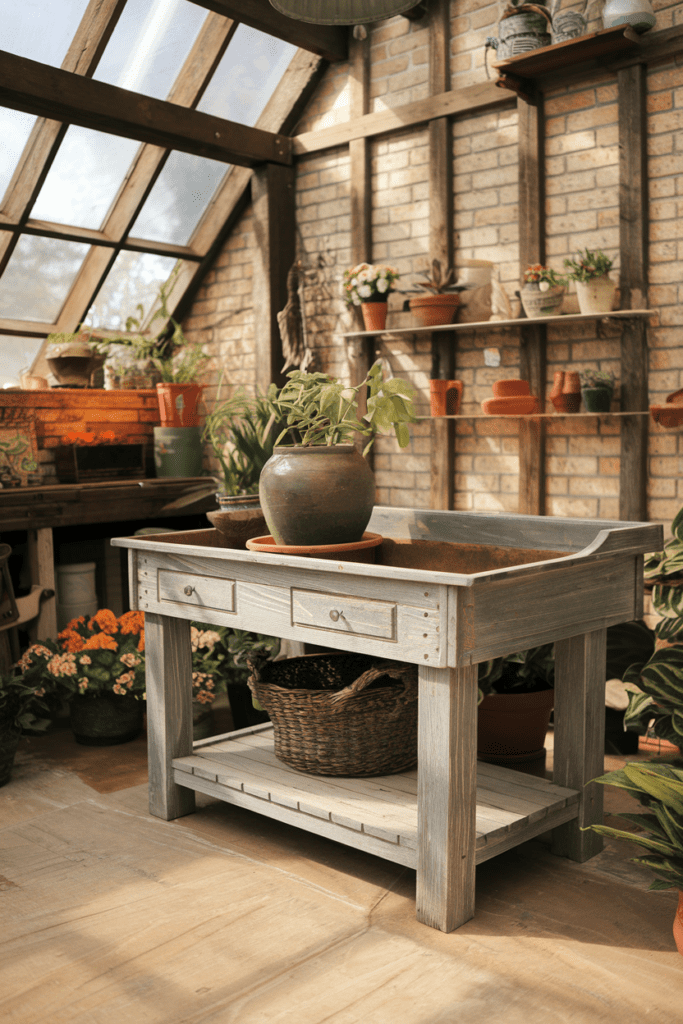 Greenhouse Interior Ideas: Vintage Potting Table for Classic Charm