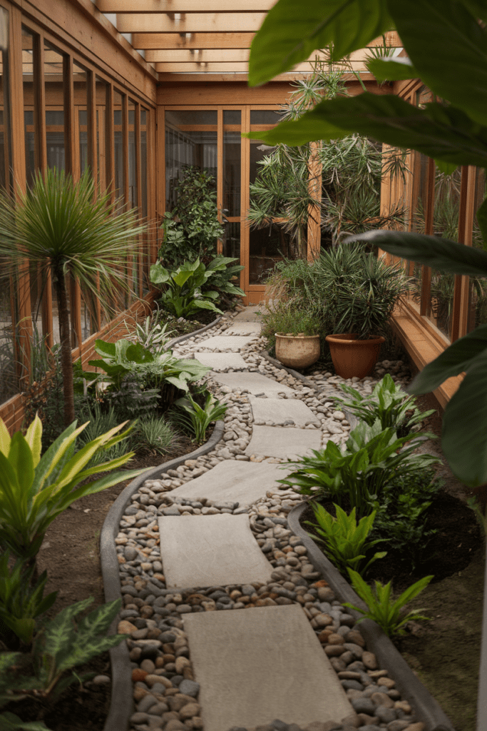 Greenhouse Interior Ideas: Indoor Garden Pathways with Pebble Accents