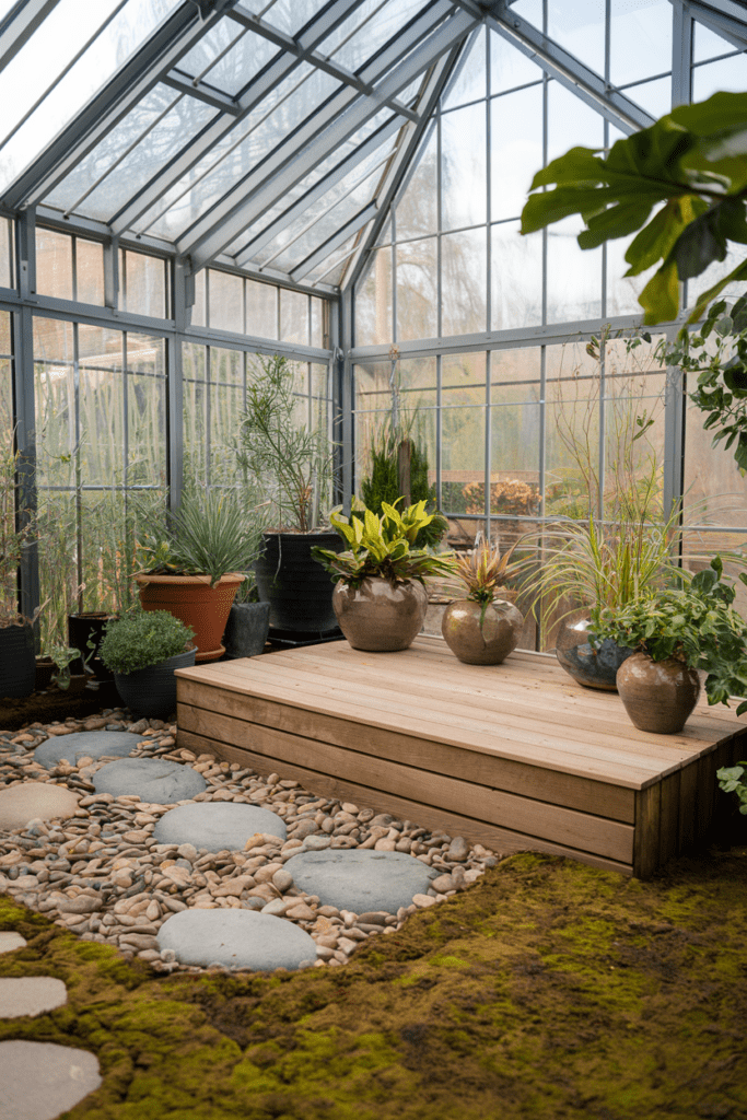 Greenhouse Interior Ideas: Integrated Seating Area for Relaxation and Enjoyment