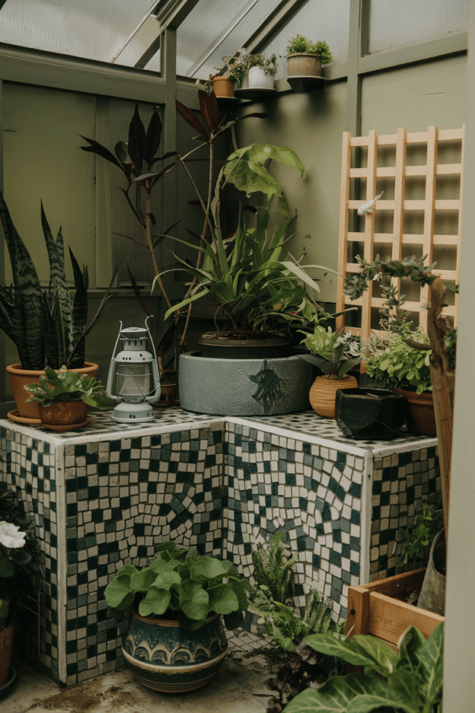 Greenhouse Interior Ideas: Mosaic-Tiled Planter Corners for Decor