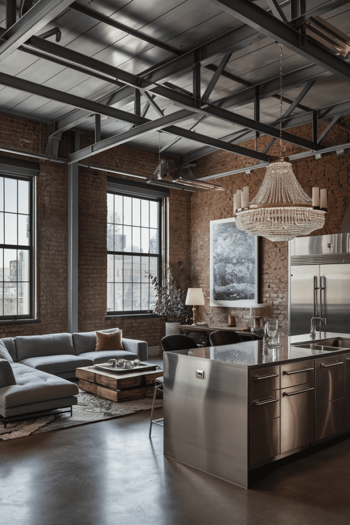 80s Luxury Interior Ideas: Industrial Chic with Upscale Touches