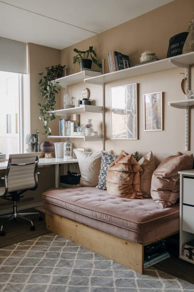 Luxury Dorm Ideas: Elevated Seating with a Chic Pouf