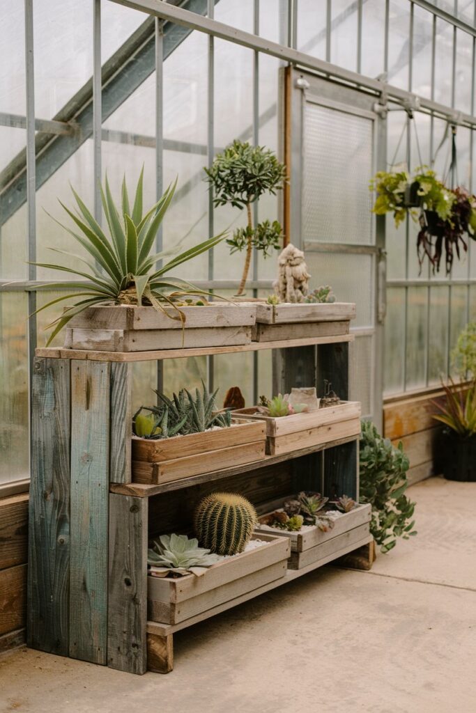 Greenhouse Interior Ideas: Rustic Wooden Shelves for Plant Display