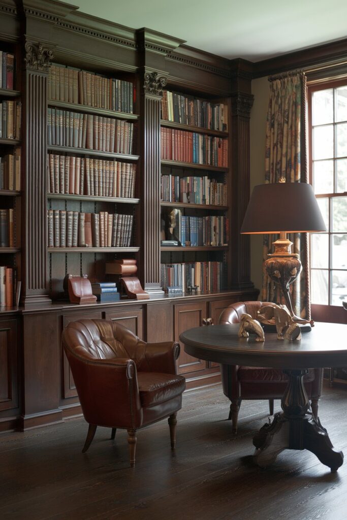 Cozy library Room Ideas: Classic Elegance with Dark Wood and Leather Accents