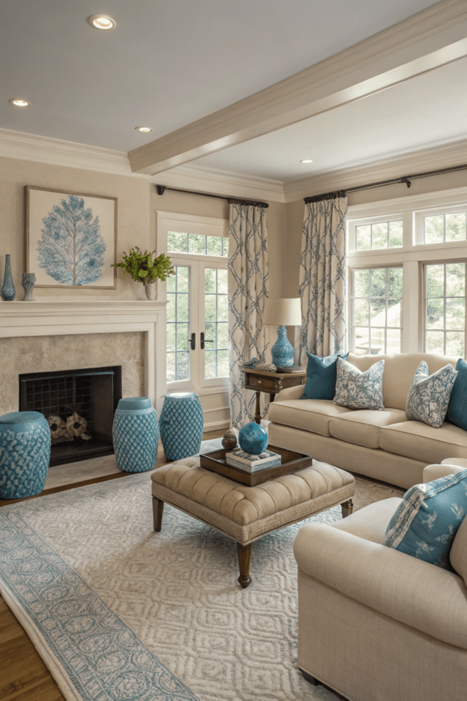 Cozy Traditional Living Room Ideas: Neutral Color Palette with Pops of Blue