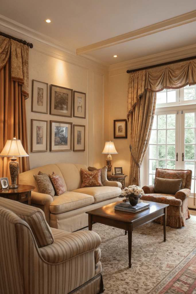 Cozy Traditional Living Room Ideas: Soft Lighting with Classic Drapes