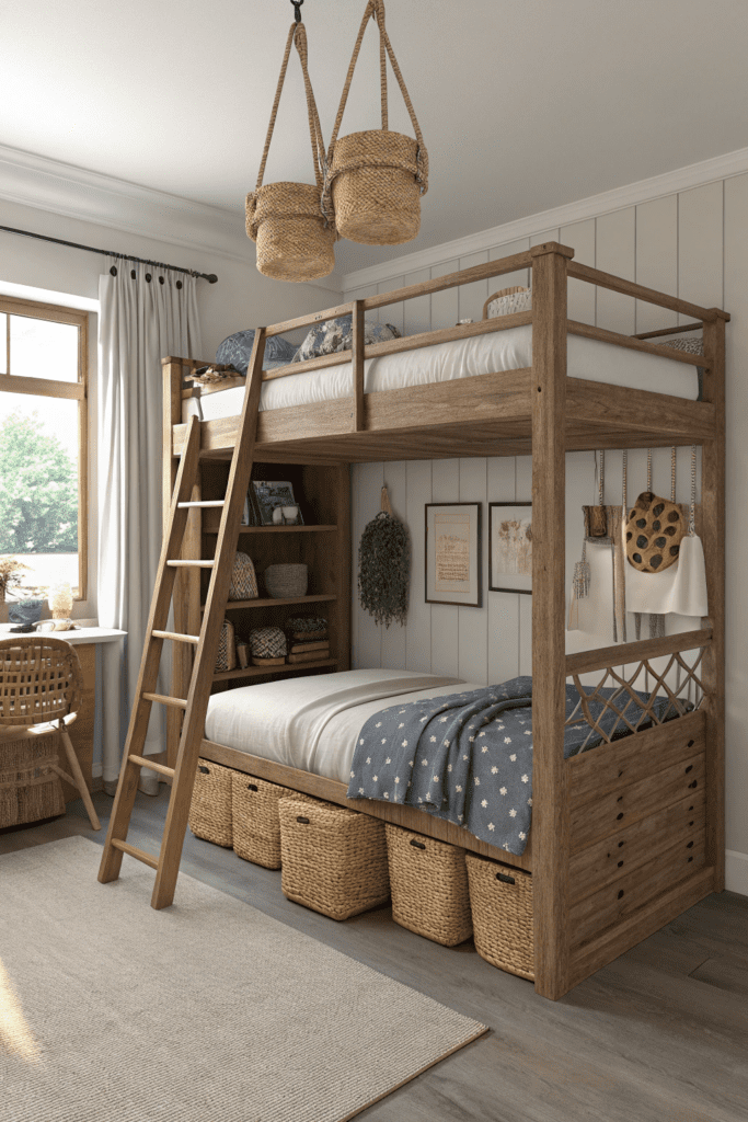 Loft Bed Ideas for Small Rooms Ideas: Loft Bed with Hanging Storage Baskets