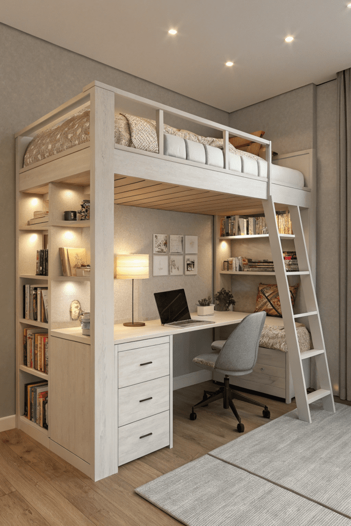 Loft Bed Ideas for Small Rooms Ideas: Loft Bed with Built-in Desk and Shelves