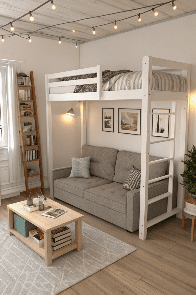 Loft Bed Ideas for Small Rooms Ideas: Loft Bed with Sofa and Coffee Table