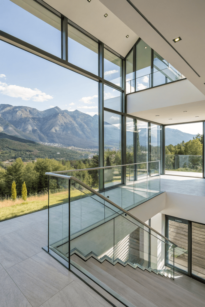 Mountain Modern Home Interior Ideas: Glass Railings for Unobstructed Views