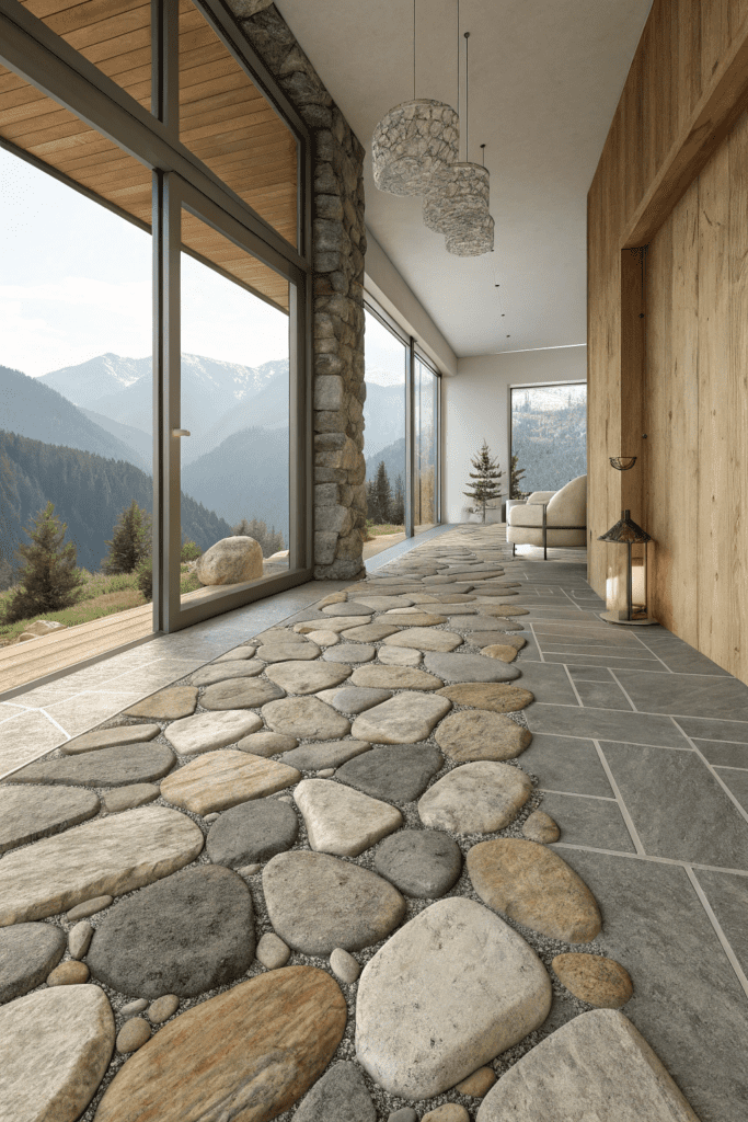 Mountain Modern Home Interior Ideas: Textured Stone Flooring for Organic Appeal