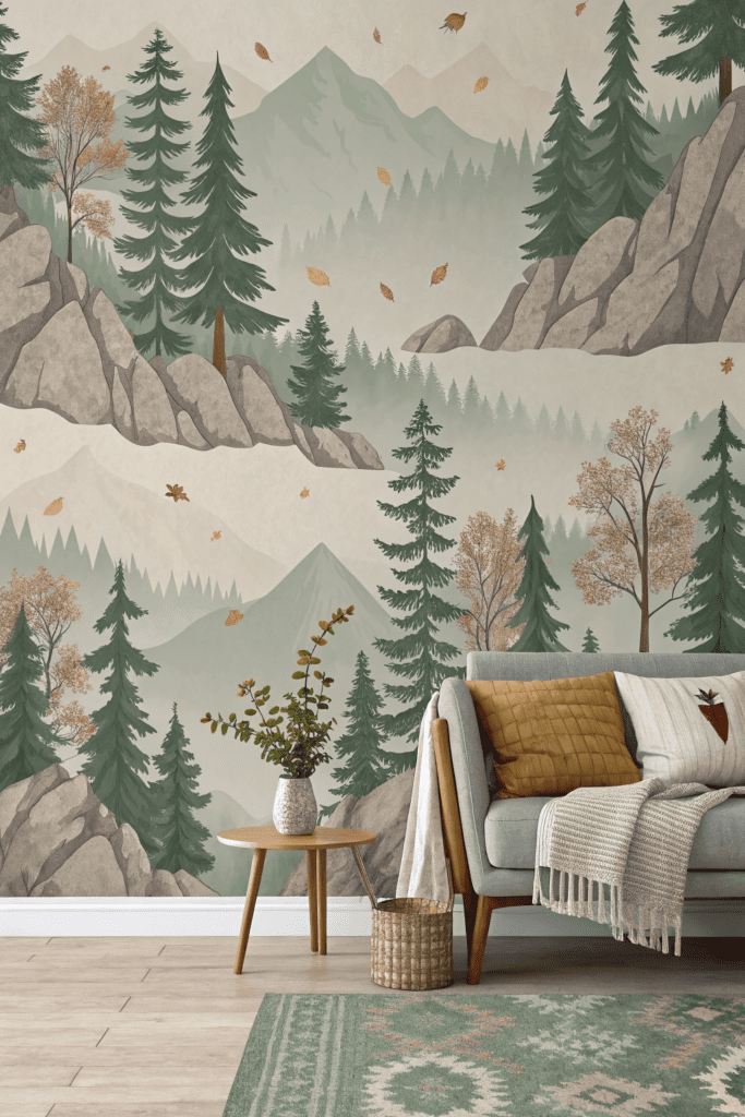 Mountain Modern Home Interior Ideas: Earthy Wallpaper for Accent Walls