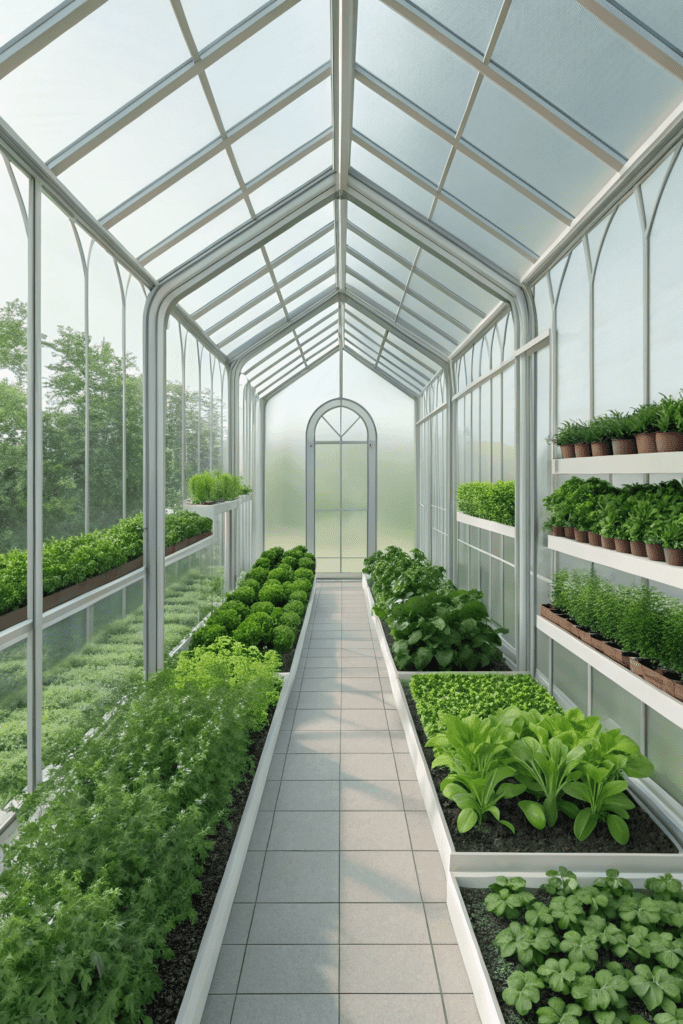 Greenhouse Interior Ideas: Glass Dividers for Sectioned Plant Arrangements