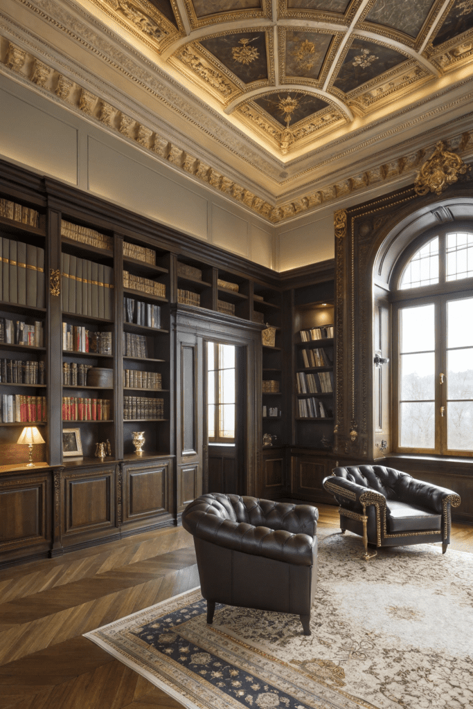 80s Luxury Interior Ideas: Luxurious Library with Custom Shelving