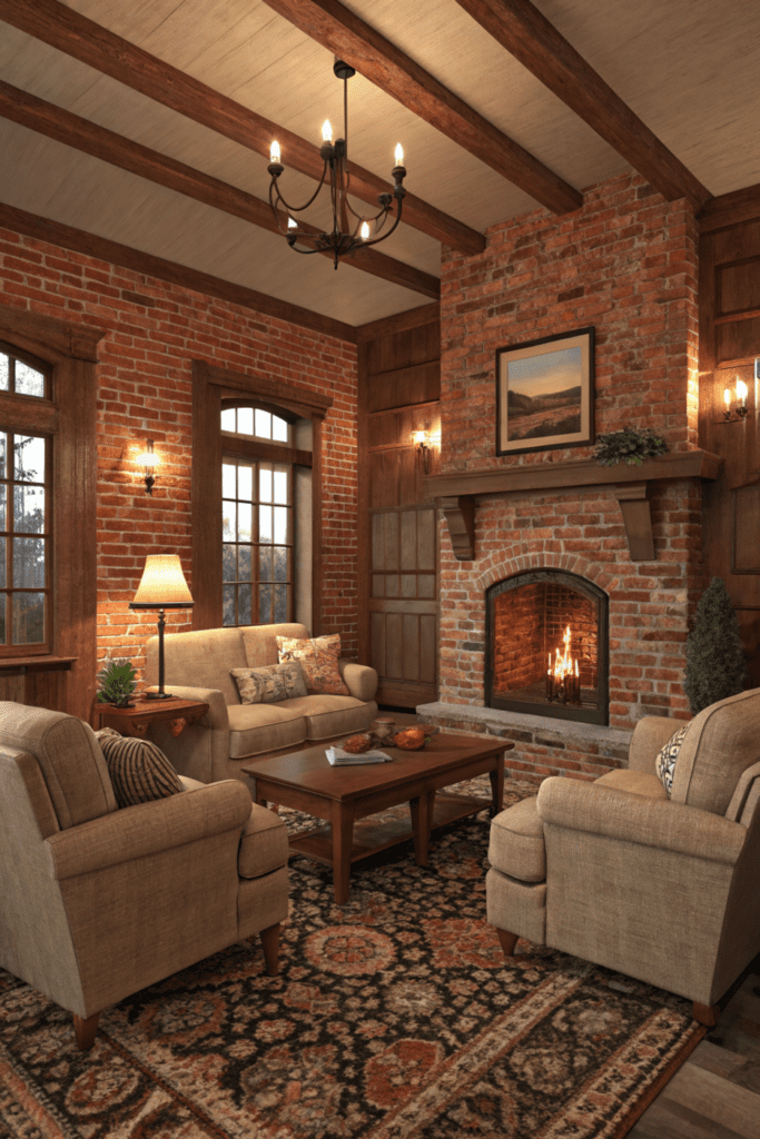 Cozy Traditional Living Room Ideas: Warm Brick Walls with Comfortable Seating