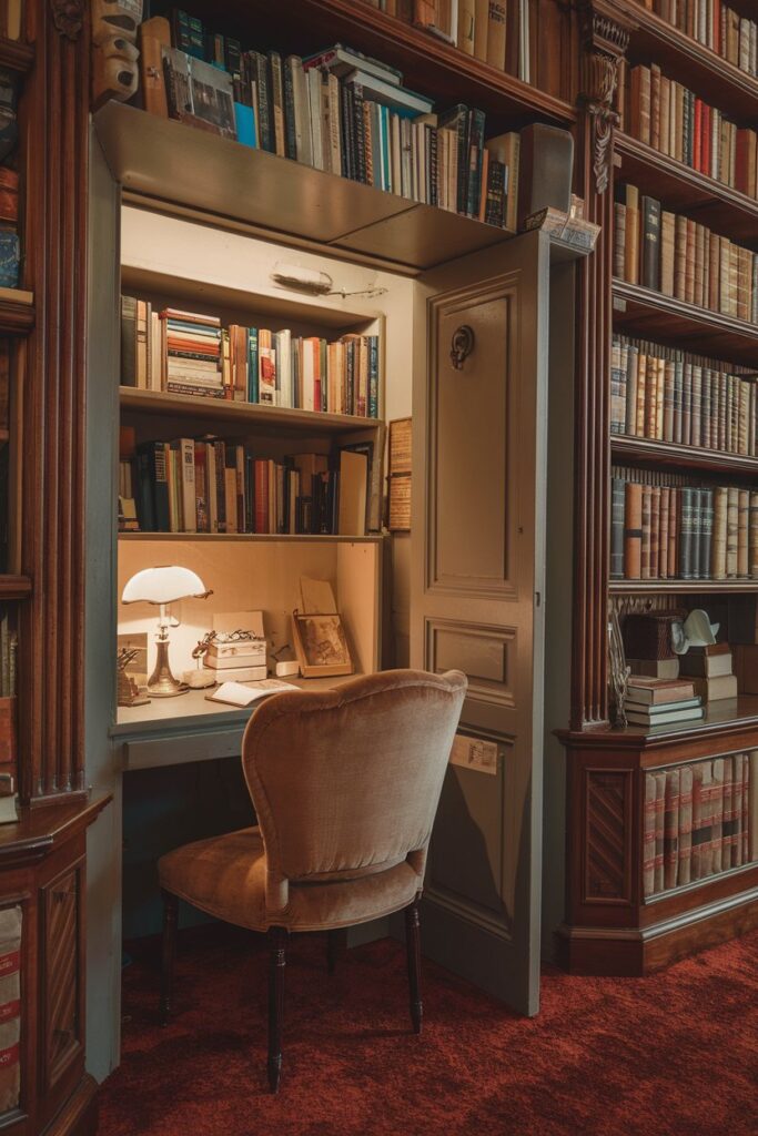 Cozy library Room Ideas: Secret Alcove with Hidden Doors and Cozy Seating