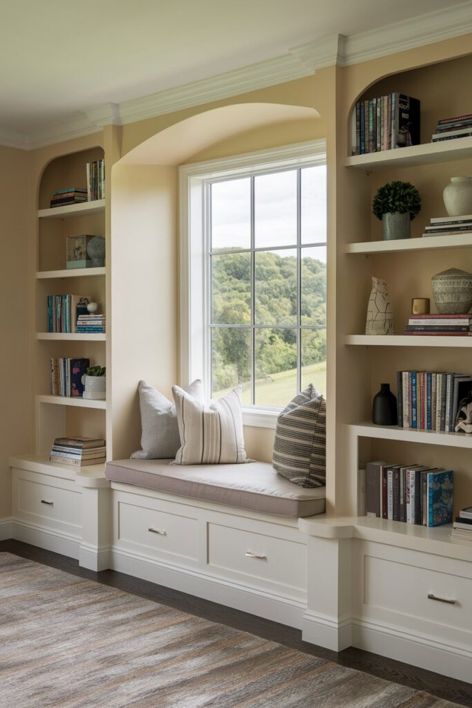 Cozy library Room Ideas: Window Nook with Built-in Seating and Shelving