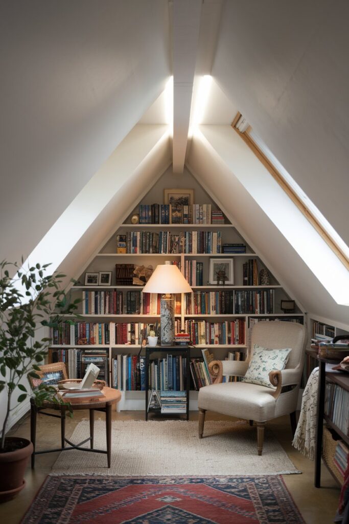 Cozy library Room Ideas: Cozy Attic Retreat with Sloped Ceilings and Skylights